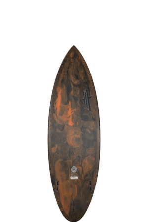 Shapers-Club- Une planche de surf noire et marron sur fond blanc. -surfshop-surfboard