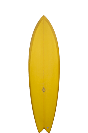 Shapers-Club- Une planche de surf jaune sur fond blanc. -surfshop-surfboard