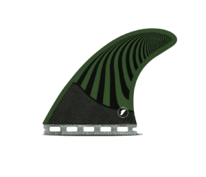 Shapers-Club- Un aileron de planche de surf Futures Fins vert et noir - Pyzel Medium RTM sur fond blanc.