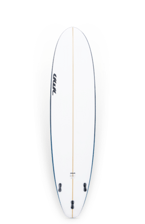 Shapers-Club- Une planche de surf Joel Fitzgerald - ML 42 7'7 au design bleu et blanc.