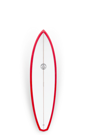 Shapers-Club- Une planche de surf Beau Young - Quokka 5'10 au design rouge, blanc et noir.