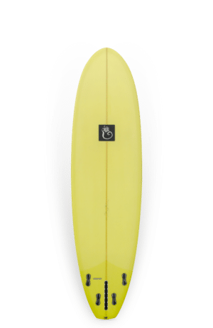 Shapers-Club- Une planche de surf Joel Fitzgerald - ML 42 7'7 jaune avec des rayures noires et grises.