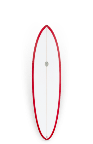 Shapers-Club- Un design Neal Purchase - Planche de surf Zephyr Twin 6'10 avec un design rouge et blanc.