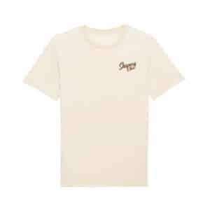 Shapers-Club- Un tee-shirt blanc Good Vibes Only - Shapers Club (vert) avec un logo marron dessus.