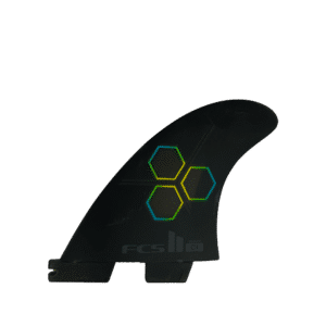 Shapers-Club- Une palme noire avec un logo coloré de FCS - Channel Islands - Reactor - Thruster. -surfshop-surfboard