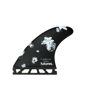 Shapers-Club- Un aileron de planche de surf Futures - Craig Anderson Blackstix noir avec des motifs floraux blancs et le texte « c. Anderson futures ». imprimé dessus. -surfshop-surfboard