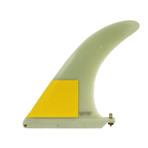 Shapers-Club- Une seule aileron de planche de surf vert avec un patch carré jaune près de la base, comportant un logo indiquant « Roberts » et équipé d'une vis de fixation. -surfshop-surfboard