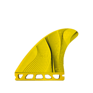 Shapers-Club- Une palme de natation Futures - Legacy Series - Pivot - Thruster jaune avec des accents noirs et de multiples rainures sur un fond transparent. -surfshop-surfboard
