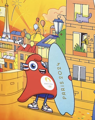 Shapers-Club- Une image animée montrant une mascotte rouge souriante tenant une planche de surf avec "paris 2024" dessus. l'arrière-plan présente la tour eiffel, des ballons colorés et un chat dans la fenêtre sous un ciel ensoleillé. -surfshop-surfboard