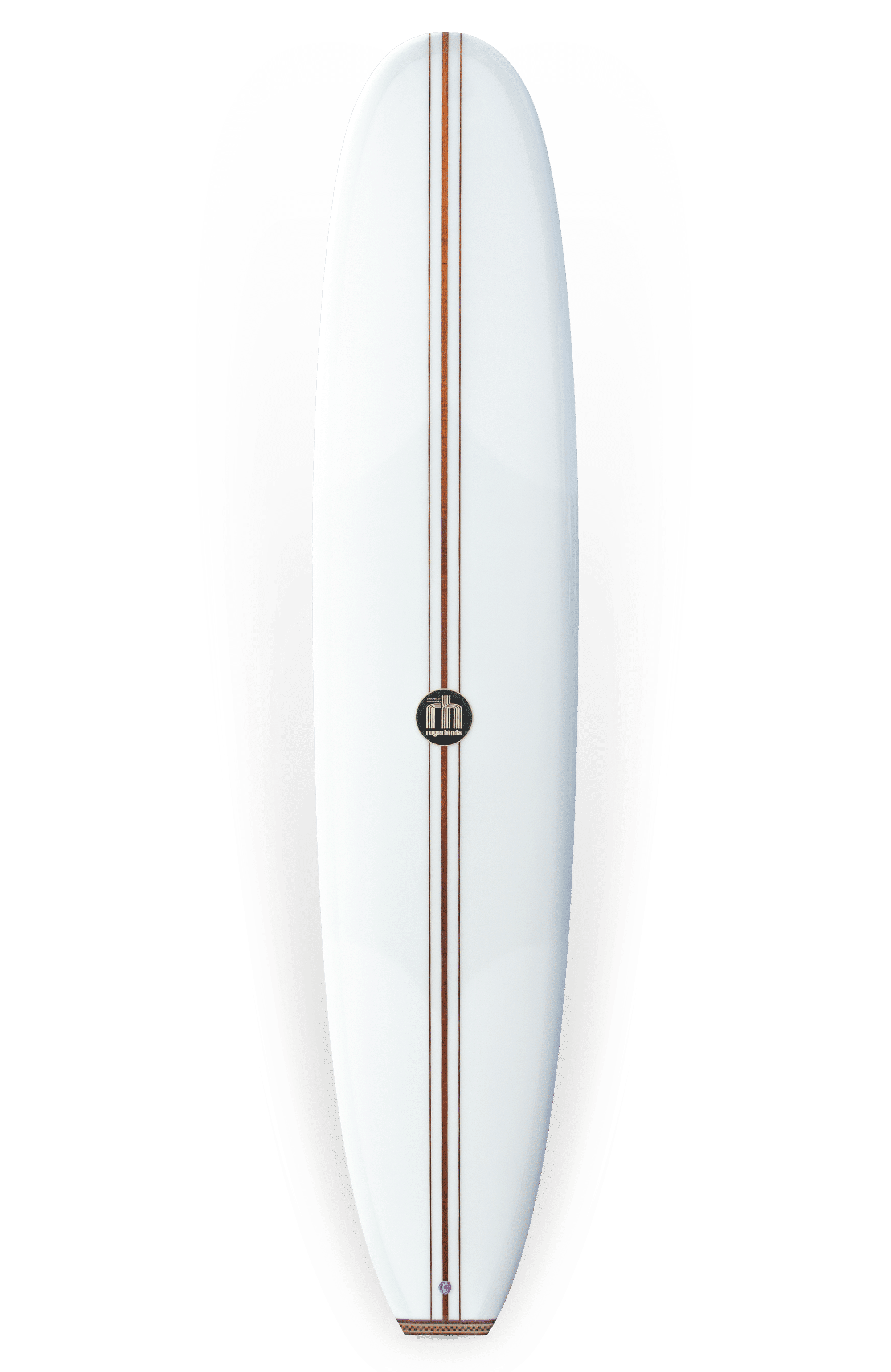 Shapers-Club- The Roger Hinds - The Classic 9'4" x 23" x 3' 1/4" surfboard features an elegant, streamlined shape, with two parallel wooden stringers running lengthwise down the center. It features a logo in the middle and a thin black outline around the edges, tapering to a pointed nose and rounded tail. -surfshop-surfboard