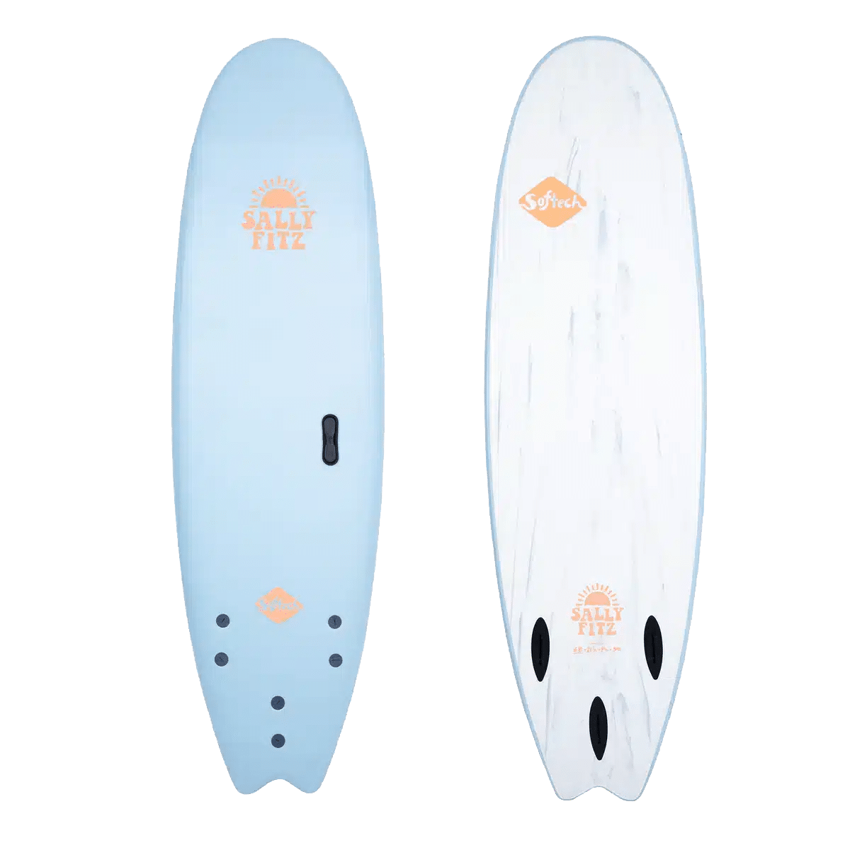 Shapers-Club- Two surfboards are on display, one showing the top and the other the bottom. Both surfboards bear the "Sally Fitzgibbons" logo and the Softech logo. The surfboard on the left, an FB 7'0, is light blue with three fins. The surfboard on the right is a SOFTECH - Handshaped Sally Fitzgibbons FB 7'0 Pink, white with a light marbled pattern and a touch of pink. -surfshop-surfboard