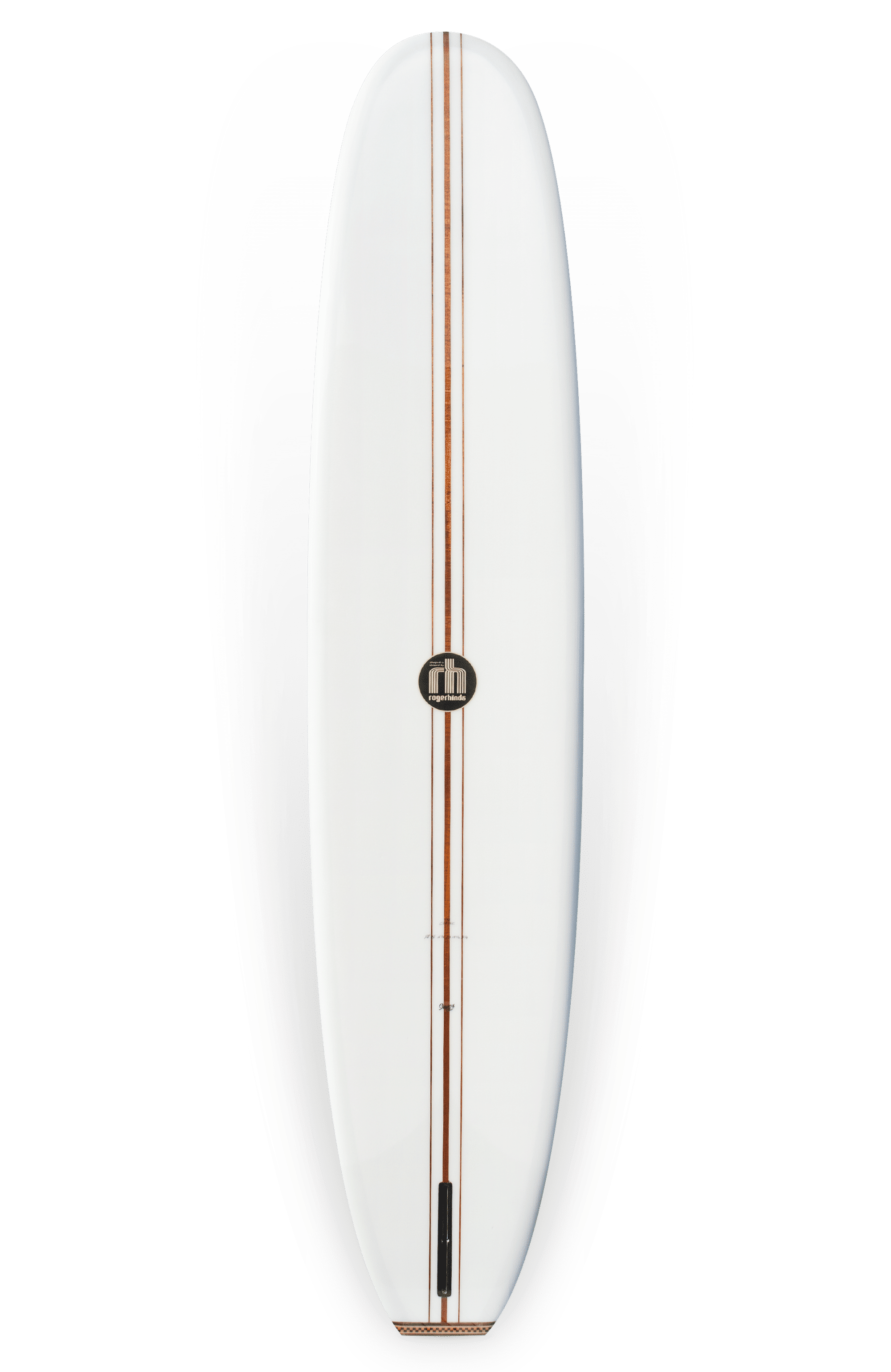 Shapers-Club- The Roger Hinds - The Classic 9'4" x 23" x 3' 1/4" surfboard features two parallel wood strips running down the center, a black logo near the top and a sleek, smooth design with a slightly rounded nose. -surfshop-surfboard
