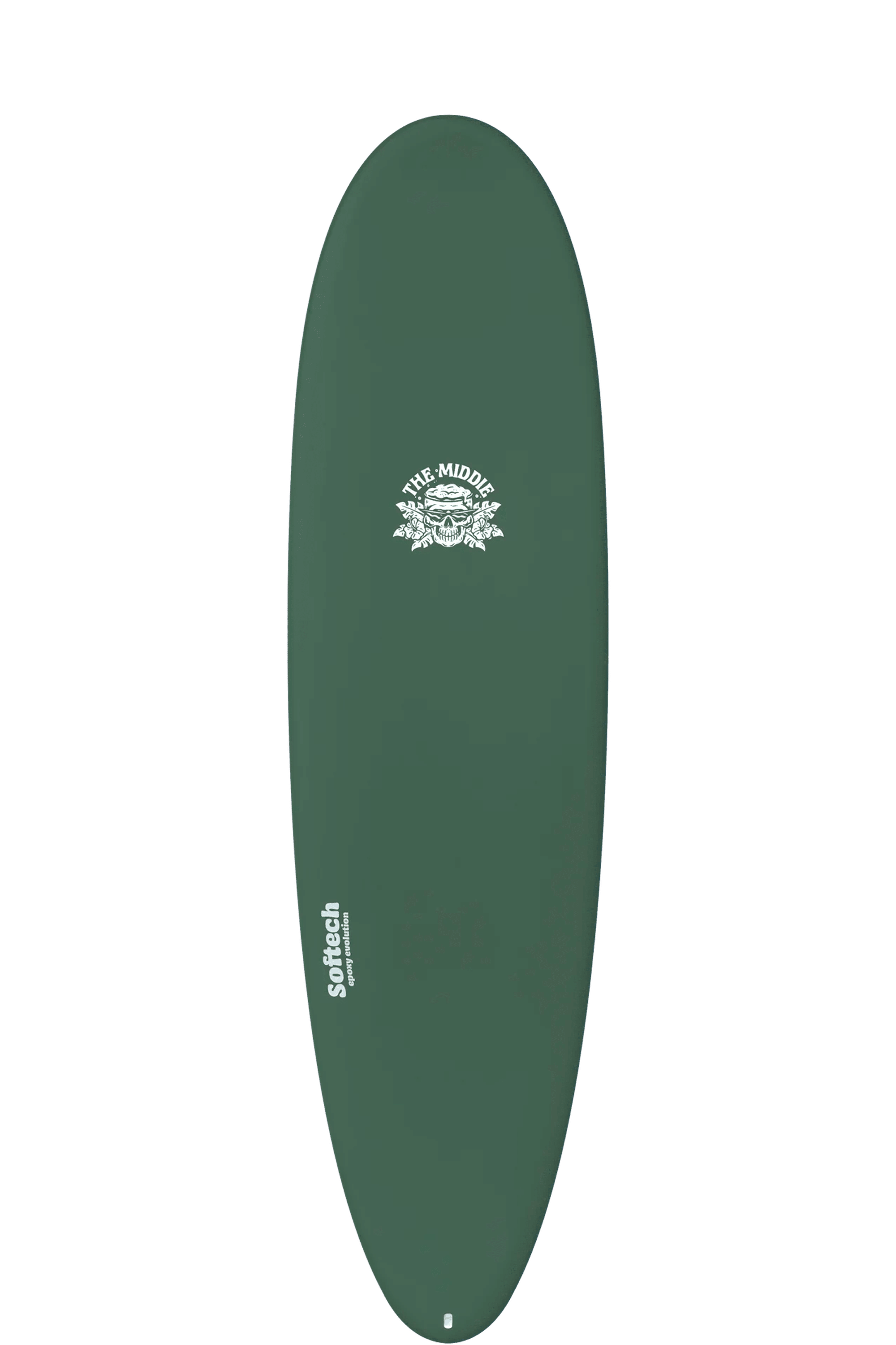 Shapers-Club- A green surfboard with the brand name "SOFTECH" at the bottom and a logo reading "The Middie" with a decorative pattern towards the top. Inspired by Sally Fitzgibbons, this SOFTECH - Handshaped Sally Fitzgibbons FB 7'0 Mist board has a smooth, minimalist surface that captures both style and performance. -surfshop-surfboard