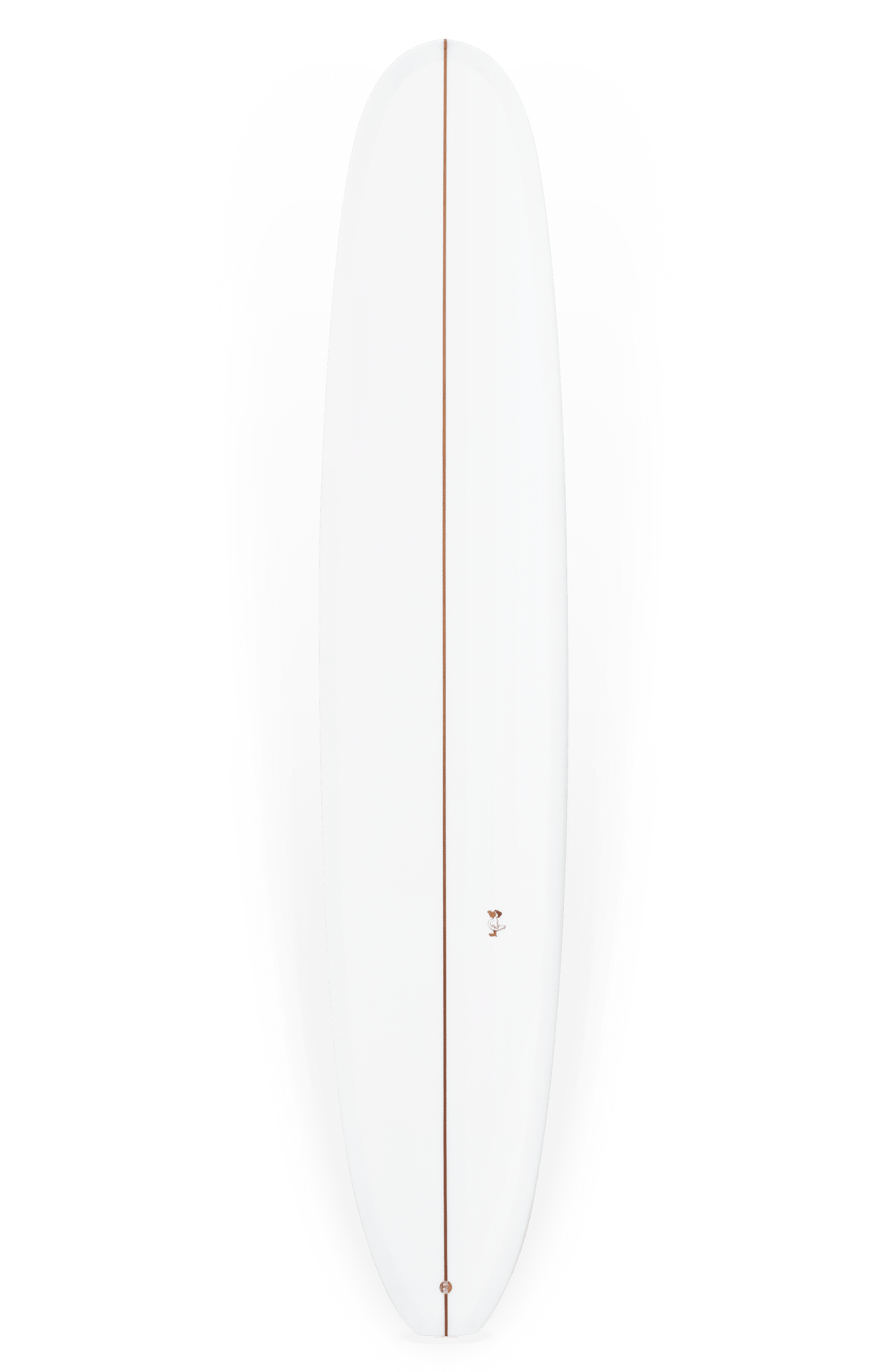 Shapers-Club- A white Springfield surfboard measuring 9'5" x 22' 7/8" x 2' 3/4" designed by Barrett Miller presents a clean, minimalist design when viewed from above. It features a single, thin, reddish-brown line running vertically down the center, with the tail and nose rounded and the outline showing a slight shadow. -surfshop-surfboard