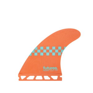 Shapers-Club- Orange Thruster surfboard fin from the Futures Control series, designed for Jack Freestone, with a turquoise check pattern and the text "futures. FREESTONE | SOLID | SIZES" printed on it. This fin features a unique perforated base design for enhanced performance. -surfshop-surfboard