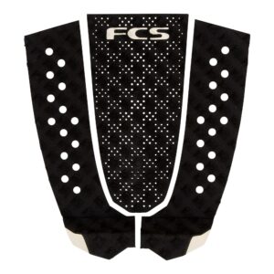 Shapers-Club- The FCS Surfboard Traction Mat - GRIP ECO - T3 - Black features a diamond grid pattern with white spots and the "FCS" logo on top. Designed for ultimate grip, it features three separate pieces with round holes and vertical drainage slots on the outer sections. Made from GRIP ECO material for extra durability. -surfshop-surfboard