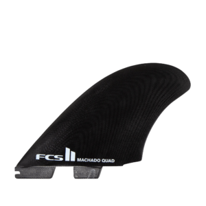 Shapers-Club- A sleek, black surfboard fin, branded "FCS II" and "Machado Quad" in white text. This aerodynamic fin is part of the Shaper Rob Machado QUAD series, designed for optimum performance with FCS fin boxes. -surfshop-surfboard