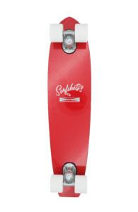 Shapers-Club- The Gordon & Smith - 25" SurfSkate complete in Cherry Red features white wheels and a bright white "Surfkates" logo, capturing an elegant, minimalist retro cruiser style reminiscent of classic designs. -surfshop-surfboard