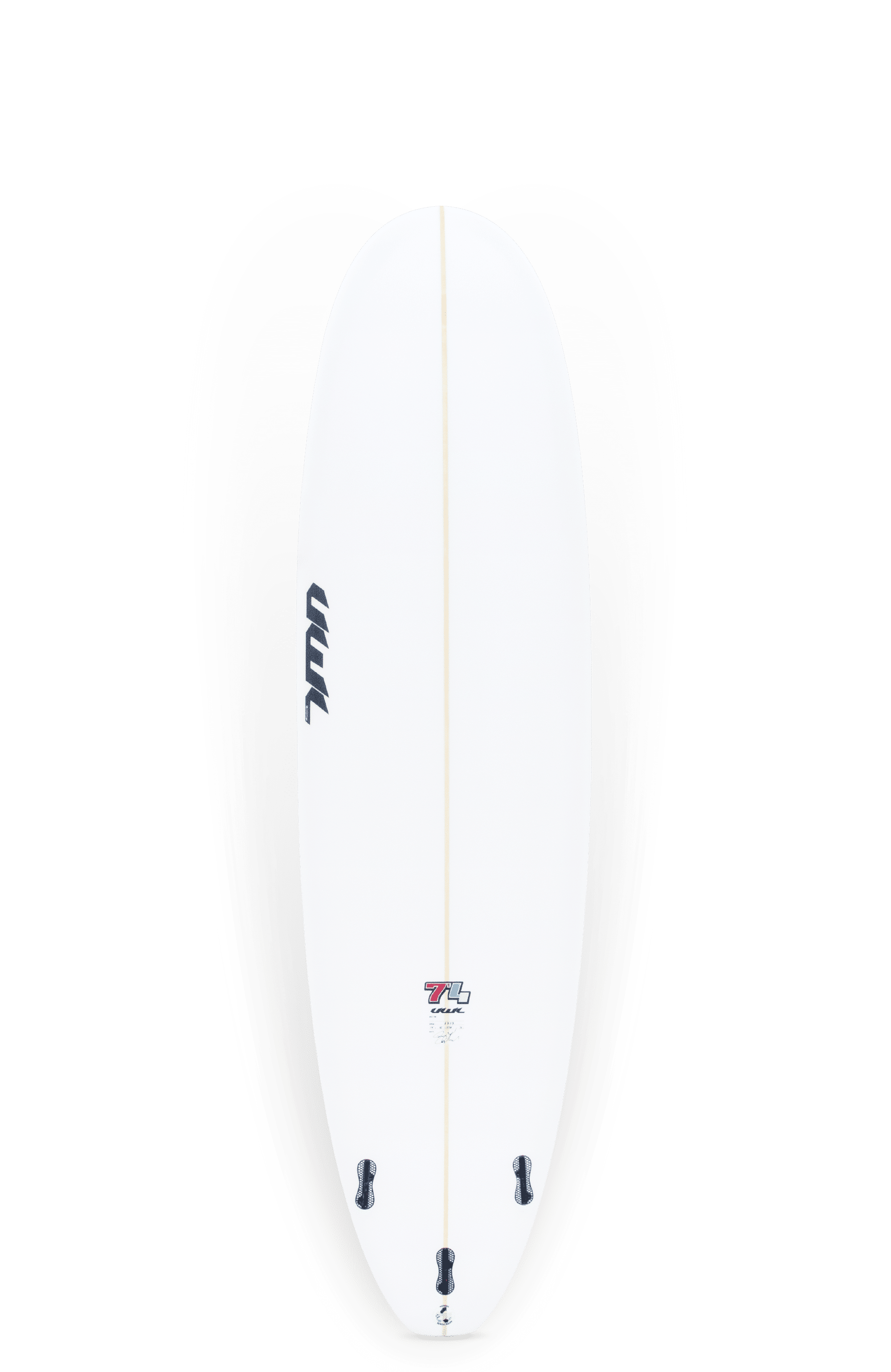 Shapers-Club- A Dead Kooks - Wild flower 6'8" x 21' 5/8" x 2' 7/8" white surfboard, with black fins positioned at the bottom. It features a minimalist design with a Dead Kooks logo in the middle and additional branding near the tail. The surfboard is presented on a plain background, accentuating its sleek, clean appearance. -surfshop-surfboard