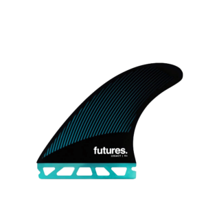 Shapers-Club- A teal blue and black surfboard fin with the brand name "futures" and "LEGACY I R4" written on it. Part of the Small 2022 collection, the fin features a gradient striped design and a cutout at the base for binding. The background is solid green. -surfshop-surfboard