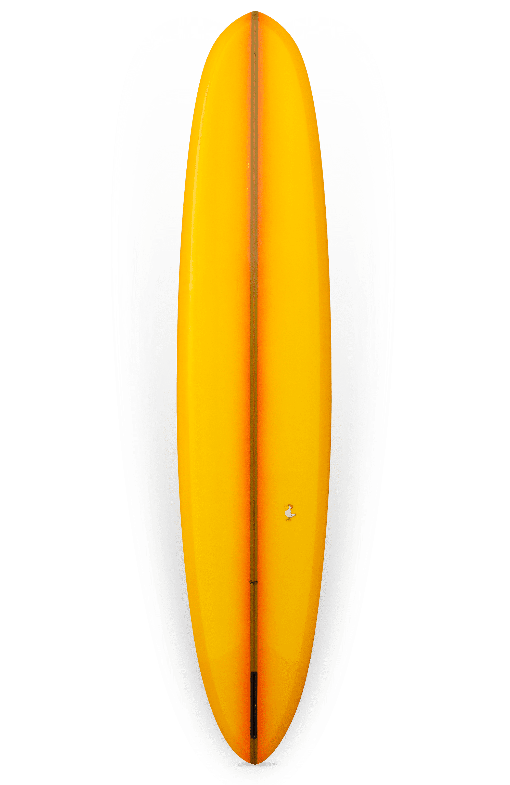 Shapers-Club- The Barrett Miller - The Personnal 9'7" x 23" x 3' 1/4", a bright yellow surfboard, is presented vertically. It features an elegant, elongated teardrop shape with a smooth surface and a visible fin box toward the tail, highlighted by a subtle gradient along its edges. -surfshop-surfboard