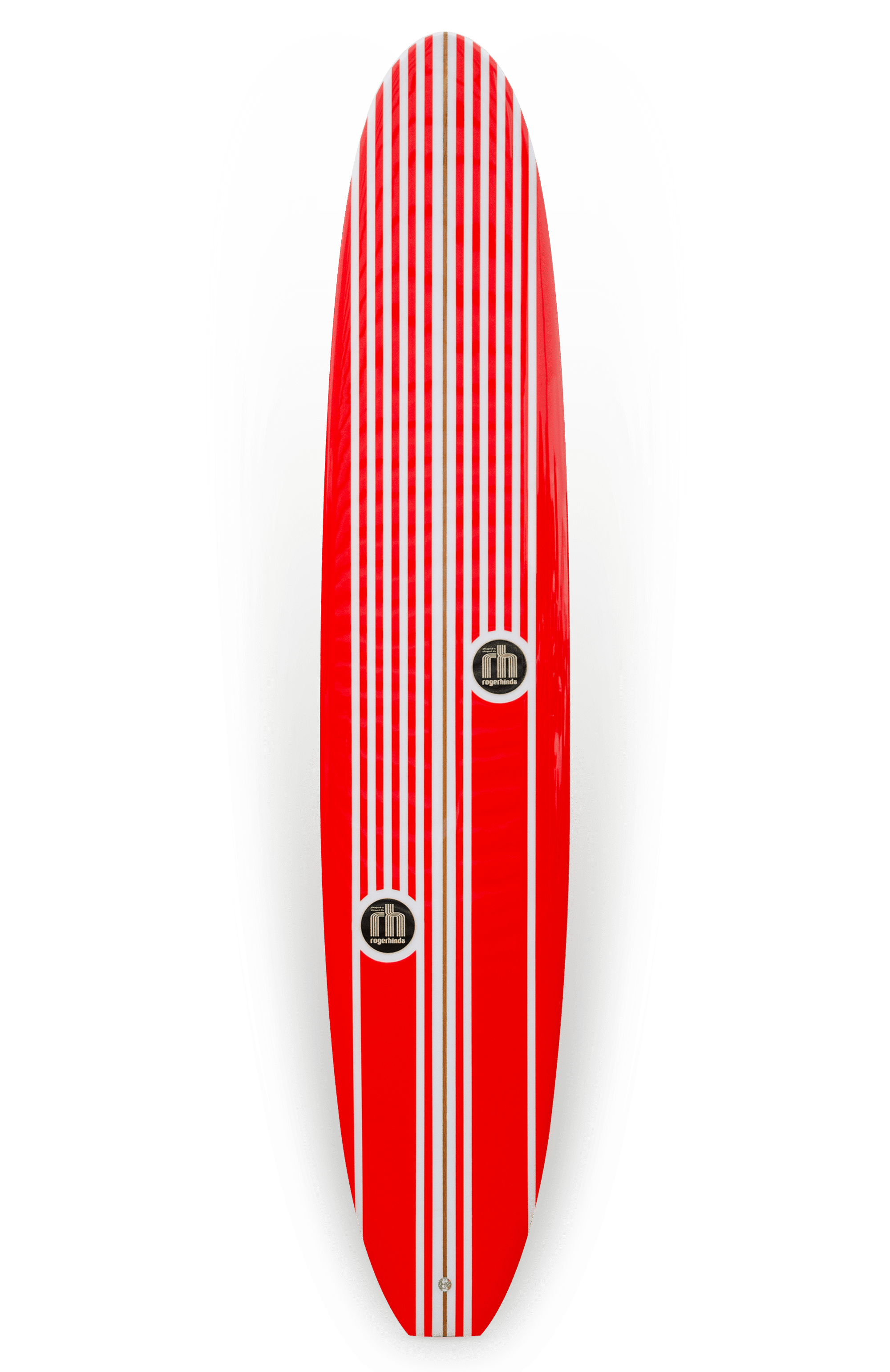 Shapers-Club- A Pinder Hawaii - Joel model surfboard measuring 9'7" x 23" x 3' 1/8", adorned with a red and white striped pattern with two sets of vertical white stripes on a red background. This well-polished board has a rounded nose and features two black and white Pinder Hawaii logos in the center section, giving it a new look. -surfshop-surfboard