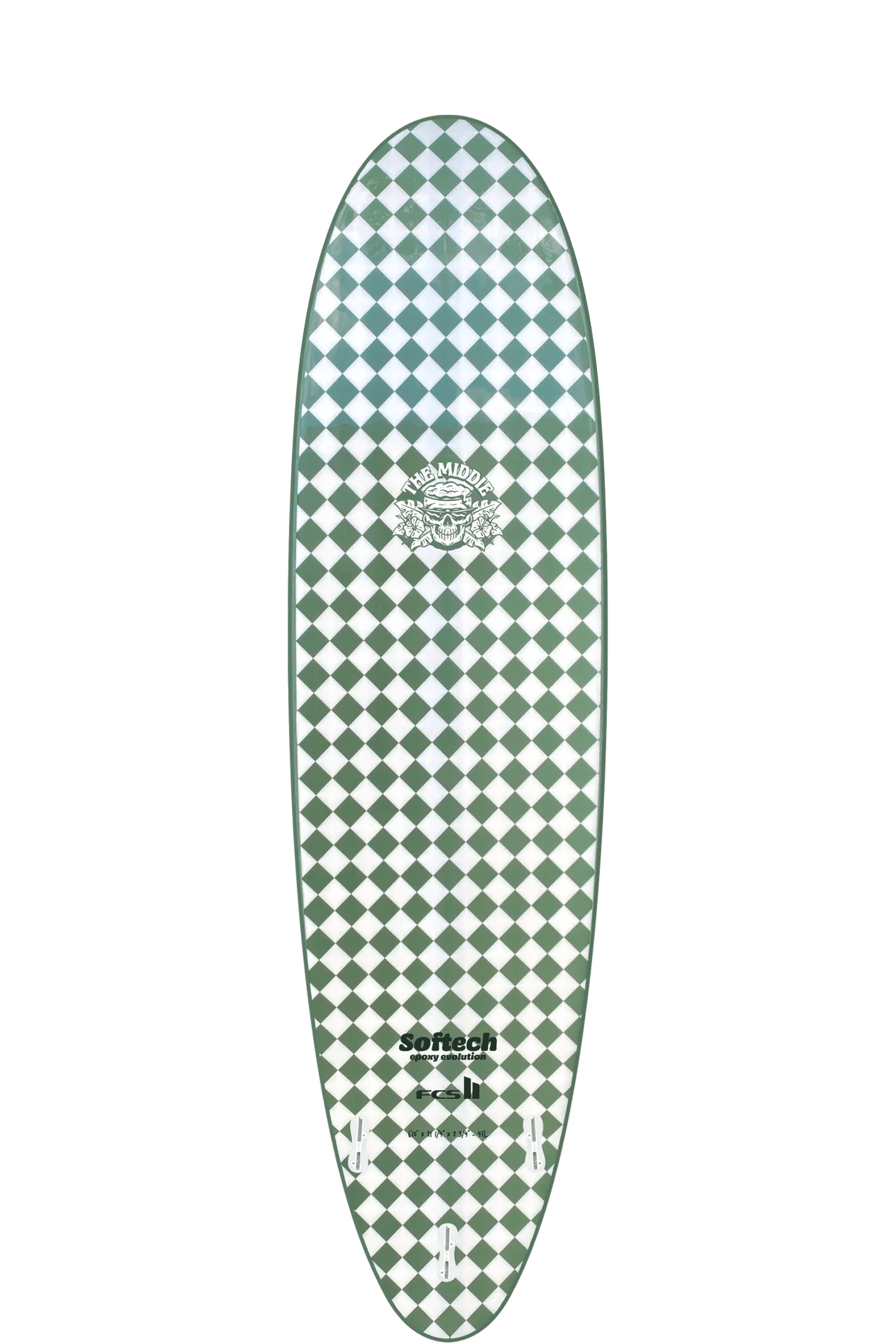 Shapers-Club- The FB 7'0 Mist surfboard by Sally Fitzgibbons - Handshaped SOFTECH features a green and white diamond check pattern on its deck, adorned with the "SOFTECH" and "MASON HO" logos. The symmetrical design of this hand-shaped board, inspired by Sally Fitzgibbons, alternates colors to produce a bold, graphic look. -surfshop-surfboard
