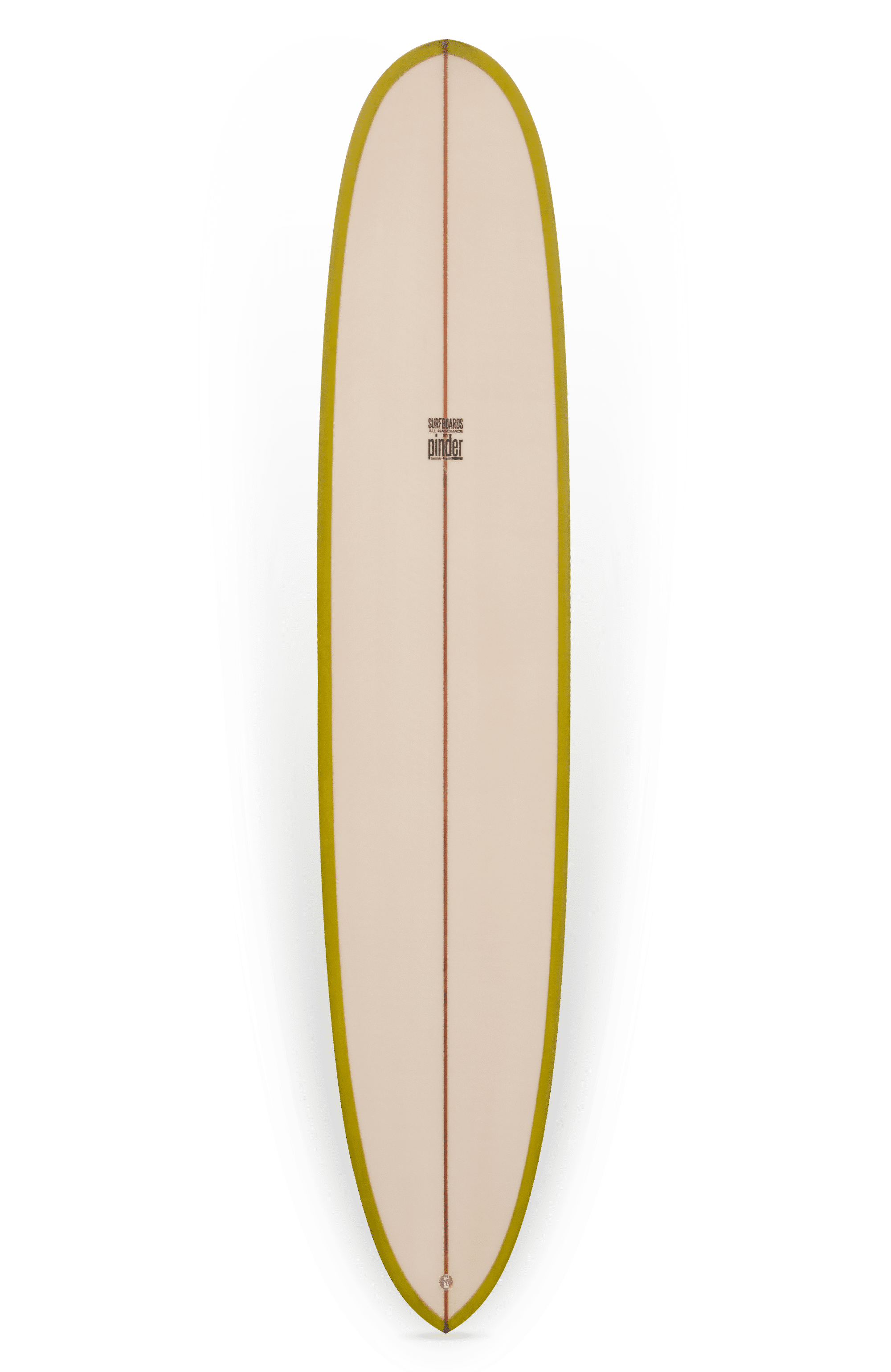 Shapers-Club- This Pinder Hawaii - Joel model 9'7" x 23" x 3' 1/8" surfboard, featuring a white surface with yellow trim and brown spar in the center, has the "Pinder Hawaii" label near the top. The board is presented on an isolated white background. -surfshop-surfboard