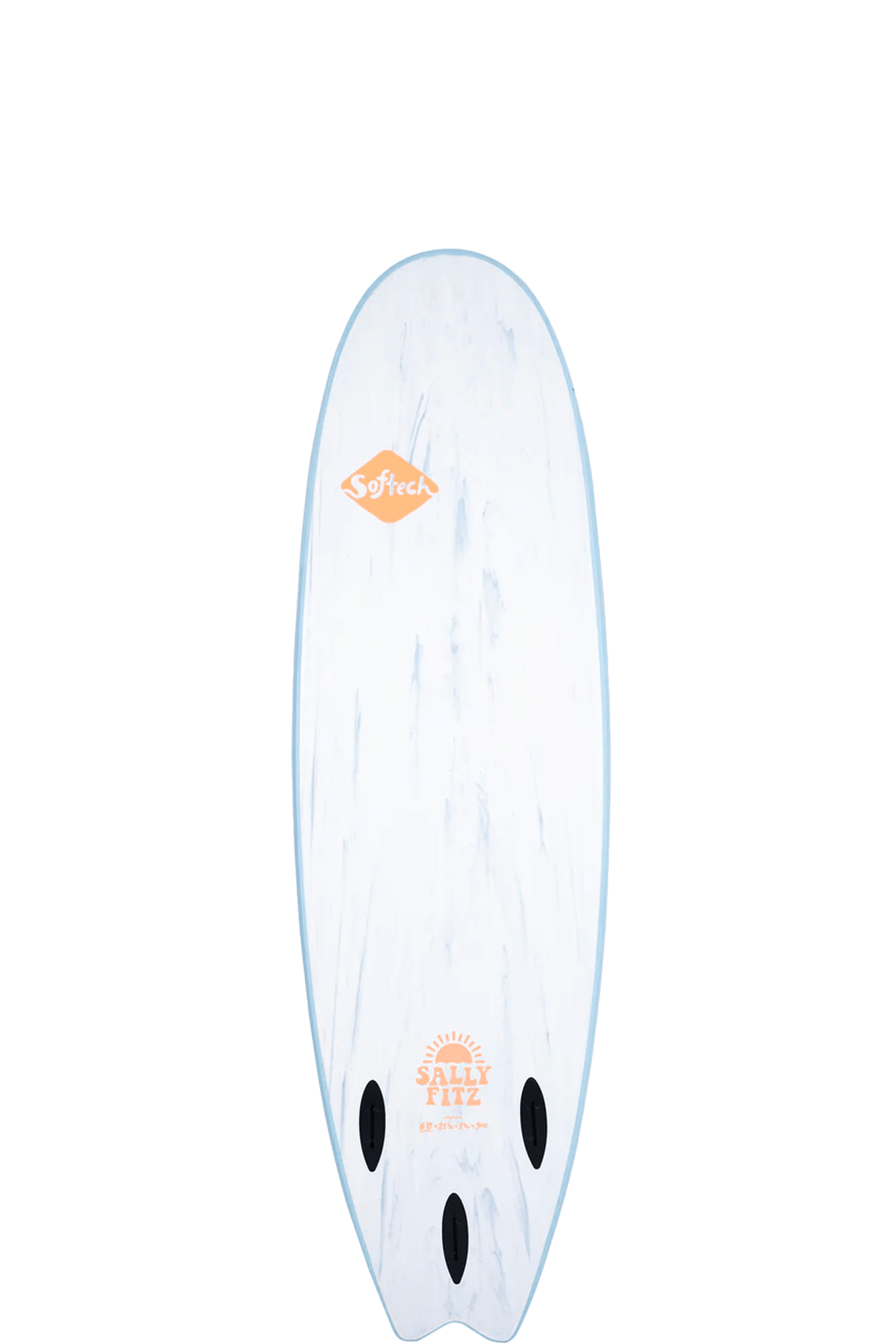 Shapers-Club- Softech Surfboard - Hand shaped Sally Fitzgibbons FB 7'0 Pink is a soft surfboard featuring a white base with a subtle marble-like pattern. The board measures 7'0" and features vibrant orange branding with "SOFTECH" at the top and "Sally Fitzgibbons" and additional small text near the bottom. For added stability, it includes two fin slots positioned at the bottom. -surfshop-surfboard