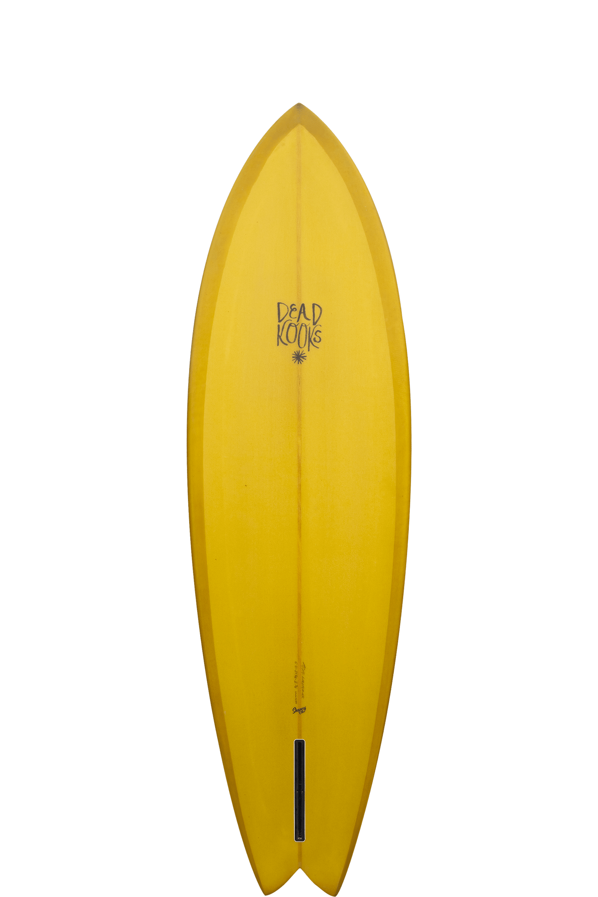Shapers-Club- Top view of the Dead Kooks Wild Flower surfboard in yellow, featuring a pointed nose and dovetail design, with "Dead Kooks" and a small palm tree motif near the top. This 6'8" x 21' 5/8" x 2' 7/8" surfboard features a single fin box at the bottom. -surfshop-surfboard