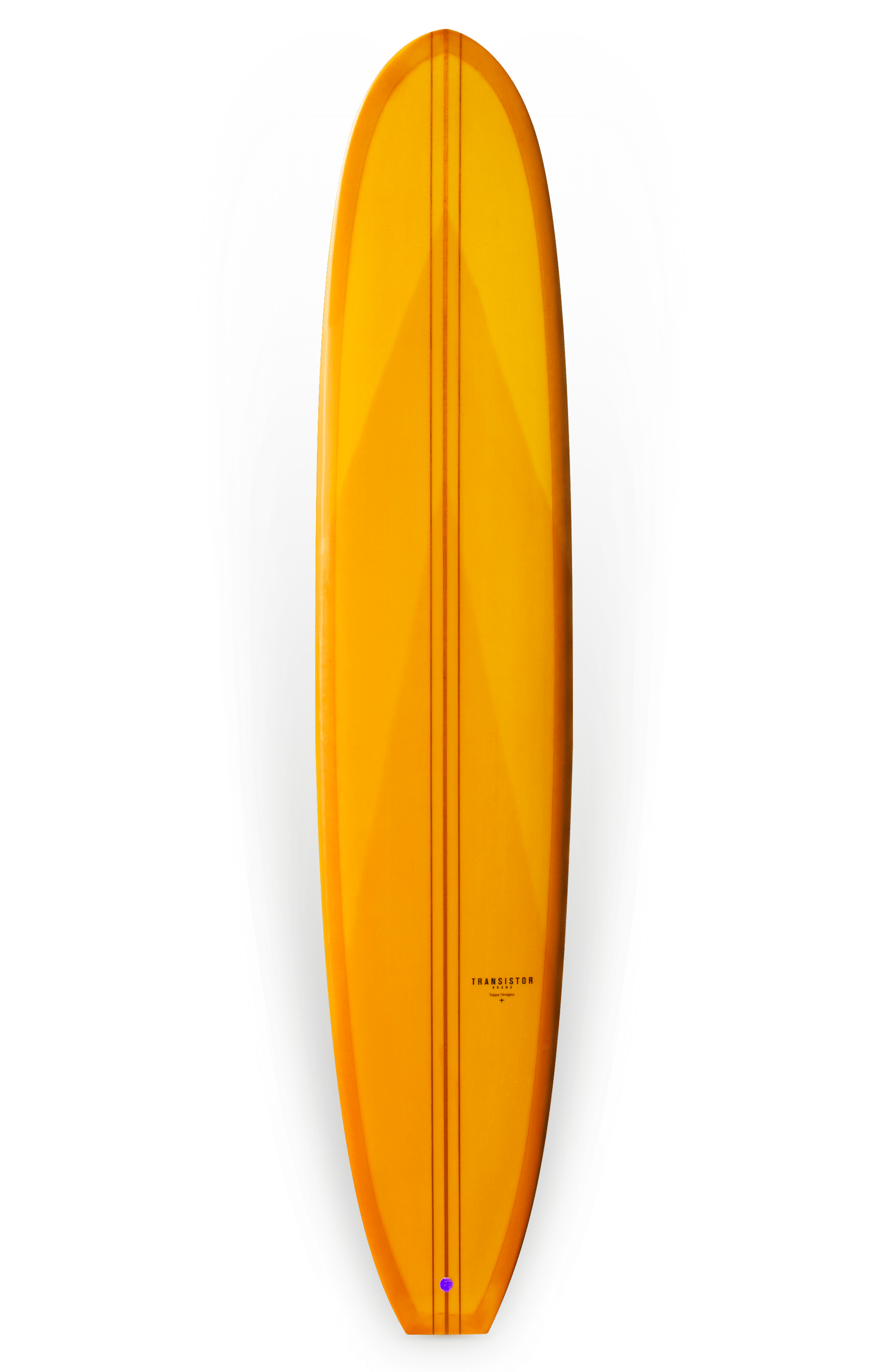 Shapers-Club- The Roger Hinds - The Classic 9'4" x 23" x 3' 1/4" surfboard features smooth lines and an elegant design, complemented by subtle vertical patterns throughout. It features a vibrant orange color with a glossy, polished finish, with the brand name "Paraleteen" clearly visible near the bottom. -surfshop-surfboard