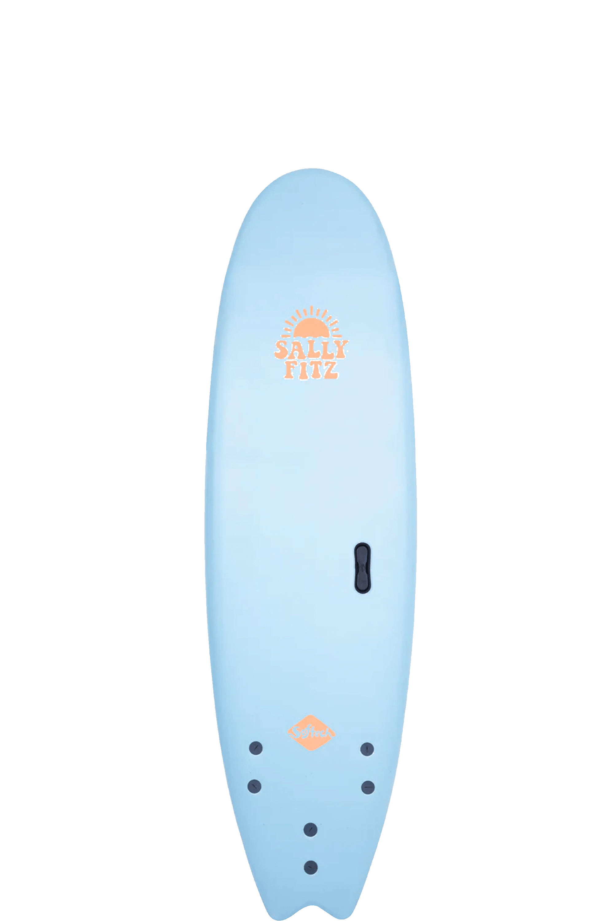 Shapers-Club- A hand-shaped pink surfboard with a Softech logo near the top, a solar graphic and a distinctive diamond-shaped logo in the center. This 7'0 board features multiple fin caps towards the bottom and has a fish-shaped split at the rear end. It is approved by professional surfer Sally Fitzgibbons and is called "SOFTECH - Hand shaped Sally Fitzgibbons FB 7'0 Pink". -surfshop-surfboard