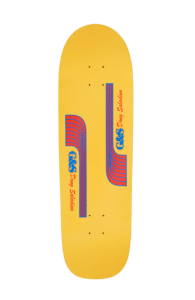 Shapers-Club- The reissue of the Gordon & Smith Yellow set features red and blue geometric lines, with the text "G&S Doug 'Pineapple' Saladino", capturing classic G&S style. -surfshop-surfboard