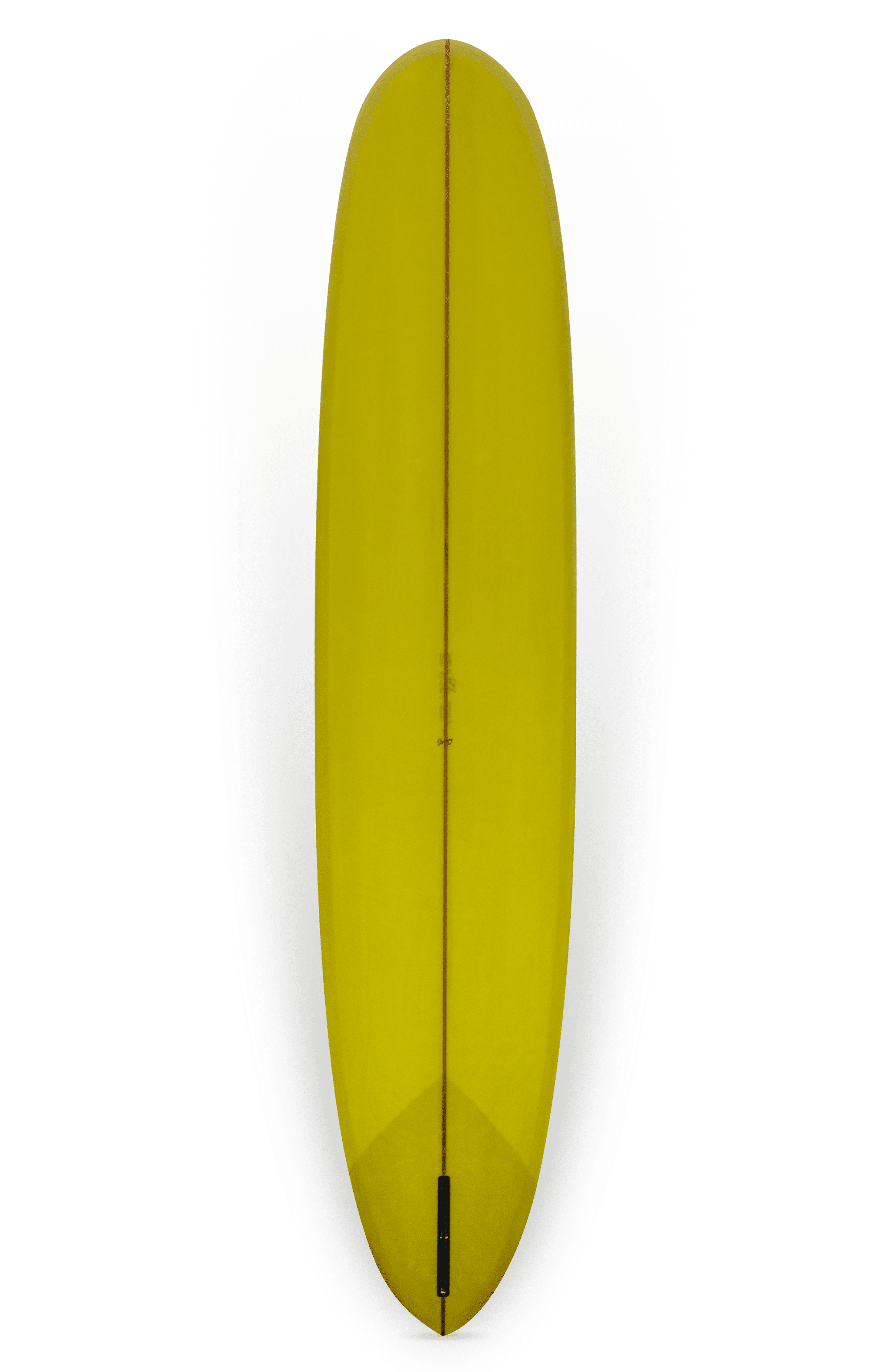 Shapers-Club- Viewed from above, the Pinder Hawaii - Joel model 9'7" x 23" x 3' 1/8" yellow surfboard features an elegant, elongated shape with subtle fin detailing at the bottom. It features a minimalist design with a smooth surface and clean lines. -surfshop-surfboard