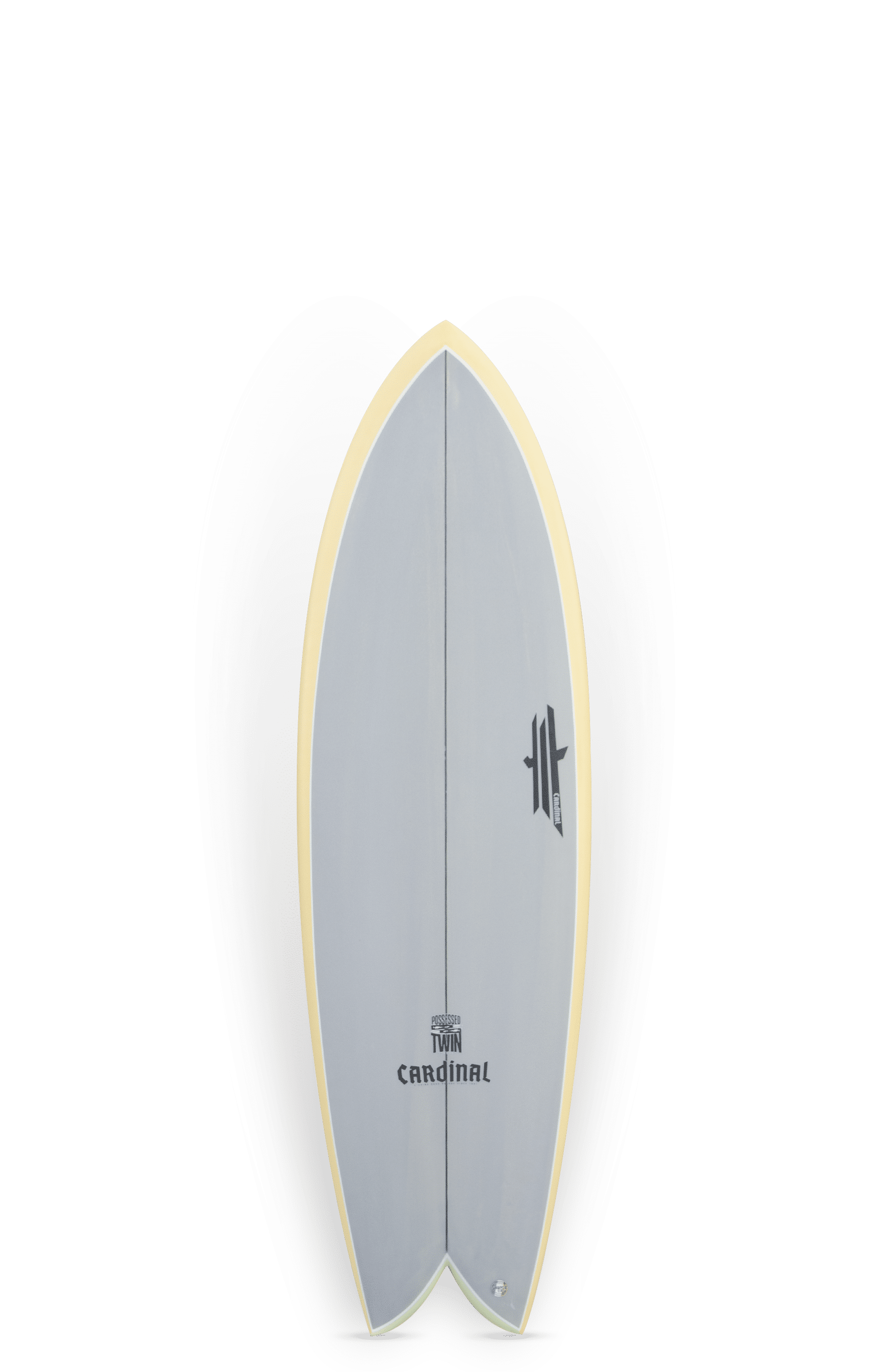 Shapers-Club- A classic double-fin surfboard from Roger Hinds' collection, called "The Classic", stands tall, showing off its underside. The board features a sleek gray surface with striking yellow rails, a pointed nose and a dovetail design. Near the center, the word "Cardinal" and a logo are prominently printed. This impressive model measures 9'4" x 23" x 3' 1/4". -surfshop-surfboard