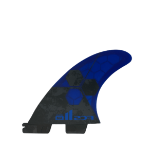 Shapers-Club- The FCS - Al Merick - Shaper Series - Thruster is a blue and black surfboard fin featuring hexagonal patterns on the body with the text "FCS II" printed near the base. This thruster fin features a sleek, curved design and includes a mounting base for easy attachment to your surfboard, offering both high performance and stylish aesthetics in one package. -surfshop-surfboard