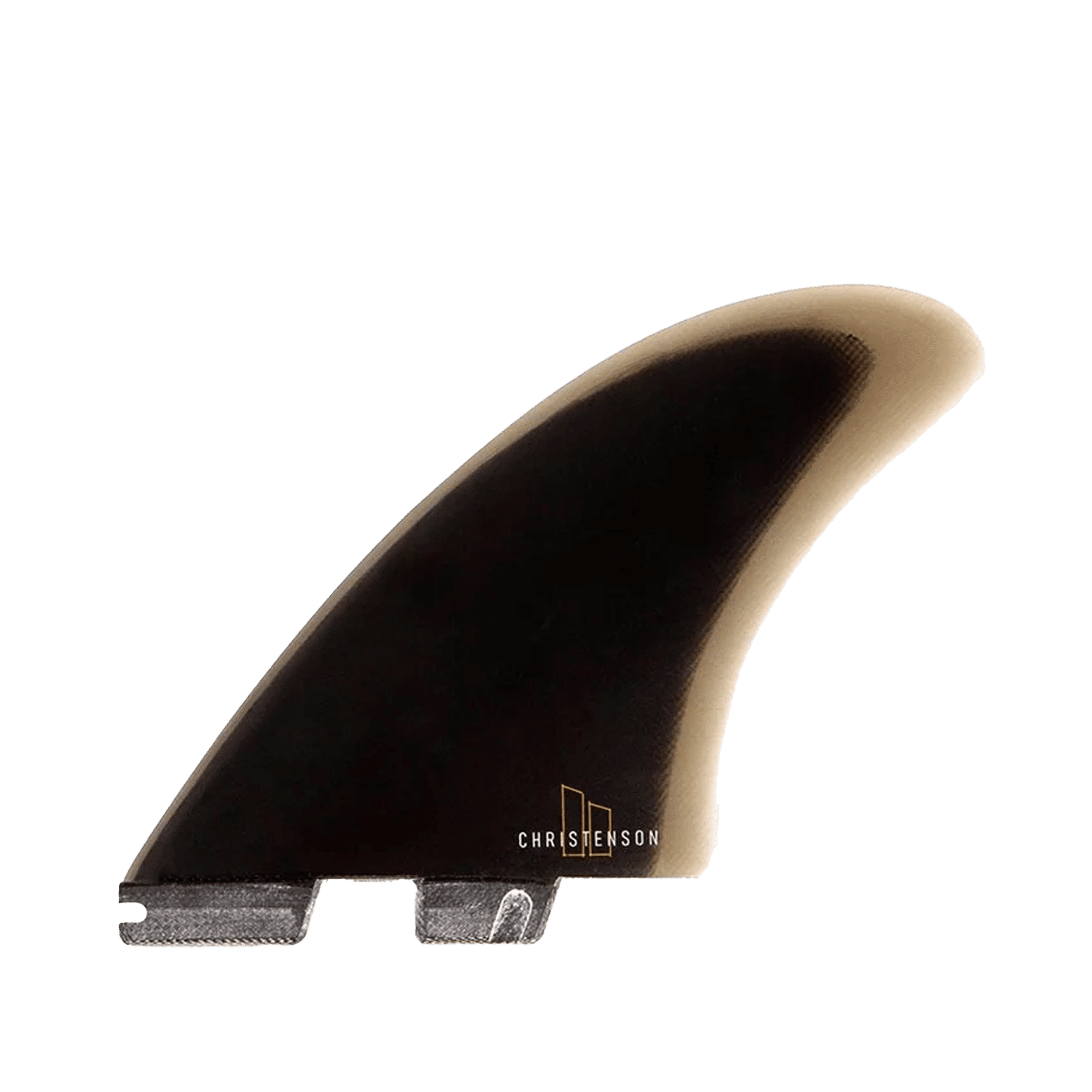 Shapers-Club- Single surfboard fin from the TWIN - SHAPER SERIES - CHRISTENSON, featuring a dark gradient pattern that fades from black to a lighter shade at the edges. This double fin features a notch at the base for binding. -surfshop-surfboard