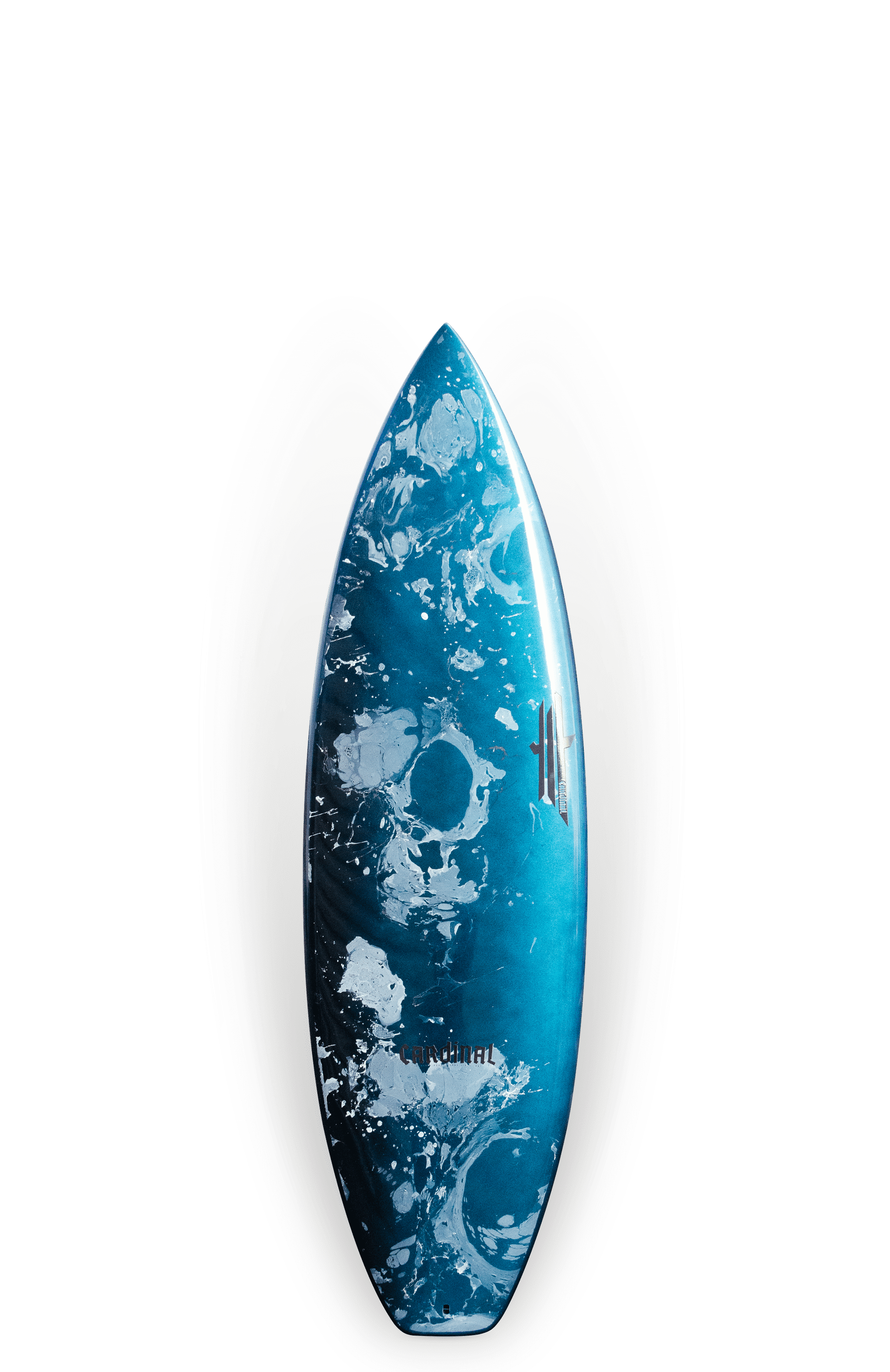 Shapers-Club- The "Lucky 13" surfboard, measuring 5'9" x 19' 7/8" x 2' 1/2", features a blue and white abstract ocean design with black accents, an elegant shape and a glossy finish on a plain white background. -surfshop-surfboard