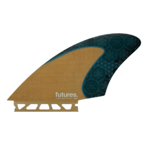 Shapers-Club- Un aileron de planche de surf étiqueté « Futures - Dave Rastovich Keel Jute Honey Comb » en texte blanc. L'aileron présente une section marron clair à gauche et une section bleu sarcelle foncé avec des motifs géométriques à droite, rappelant le style de Dave Rastovich. Le bord inférieur présente une structure en treillis pour la fixation du Honey Comb. -surfshop-surfboard