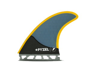 Shapers-Club- Image of a Futures Fins surfboard fin - Pyzel Large RTM in blue and yellow design. The fin features a black base with the brand name "PYZEL" in white text and a star symbol. The base, compatible with Futures fins, has a grid-shaped metal attachment point for fixing to the board using RTM technology. -surfshop-surfboard