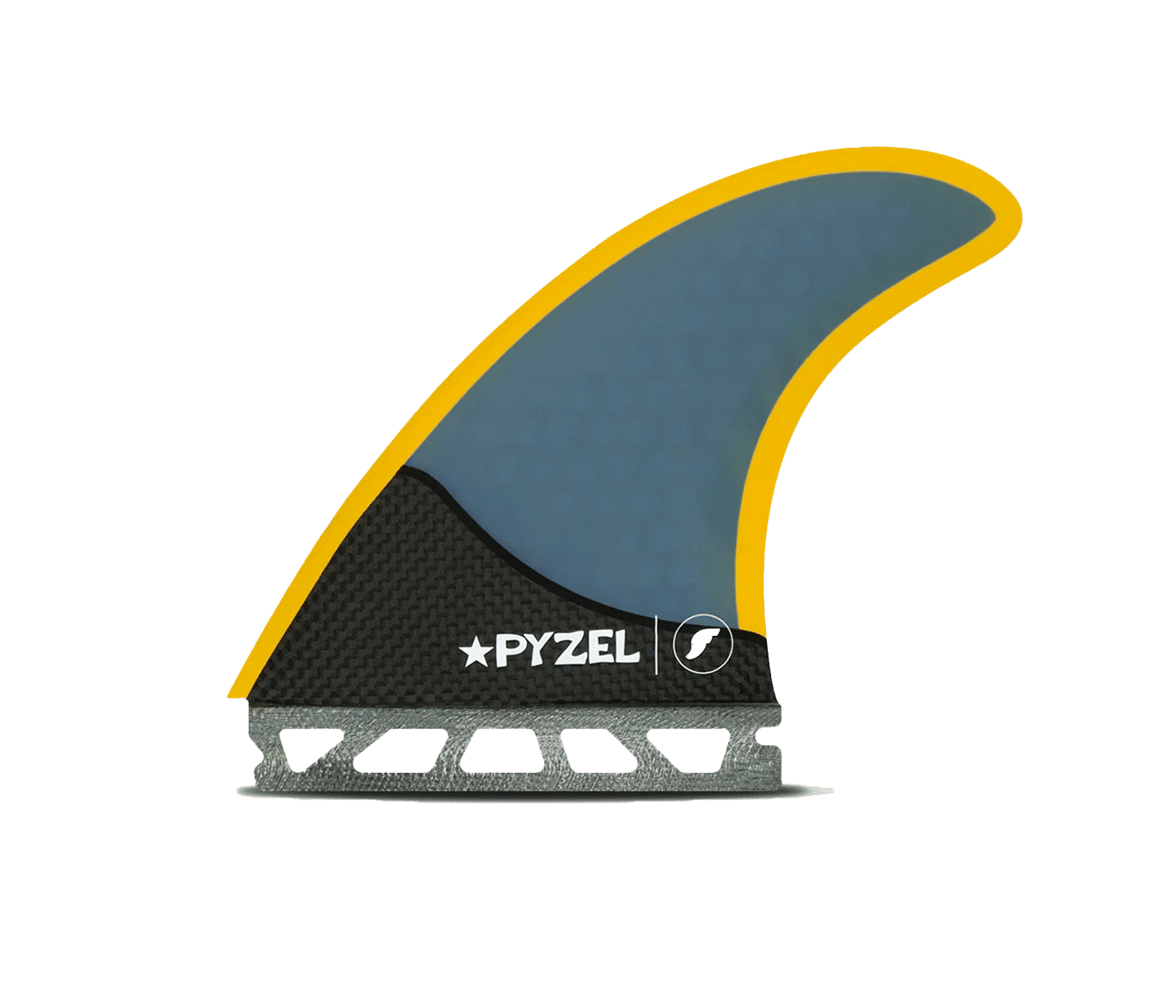 Shapers-Club- Image d'un aileron de planche de surf Futures Fins - Pyzel Large RTM au design bleu et jaune. L'aileron est doté d'une base noire avec le nom de marque « PYZEL » en texte blanc et un symbole d'étoile. La base, compatible avec les ailerons Futures, possède un point d'attache métallique en forme de grille pour la fixation à la planche à l'aide de la technologie RTM.
 -surfshop-surfboard