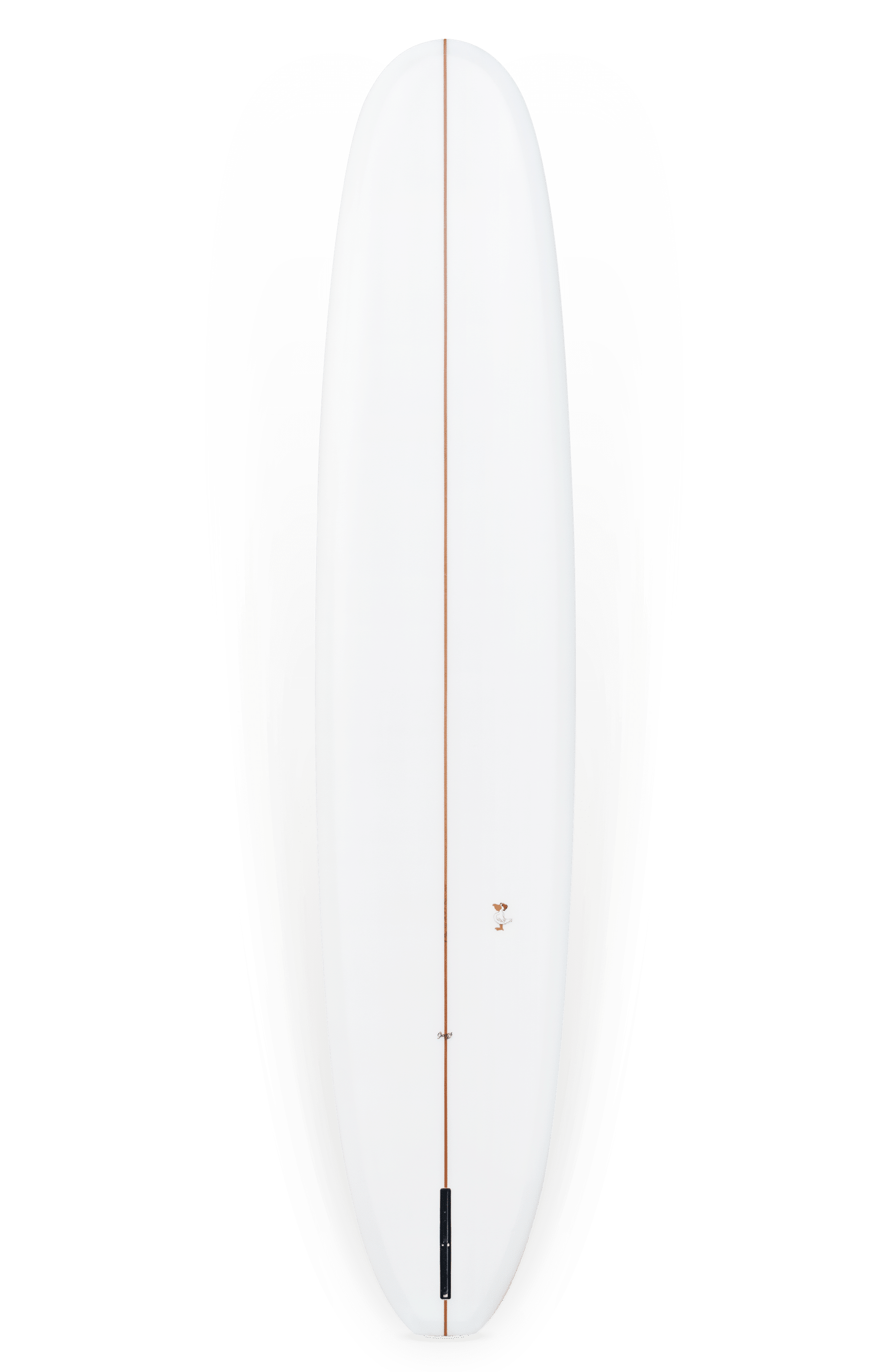 Shapers-Club- The Barrett Miller - Springfield 9'5" x 22' 7/8" x 2' 3/4" surfboard features a white design with a thin vertical brown stripe running down the center. Boasting clean, smooth lines and slightly rounded edges, this board exudes a clean, minimalist look. The background color harmoniously transitions from gray at the edges to white near the center. -surfshop-surfboard
