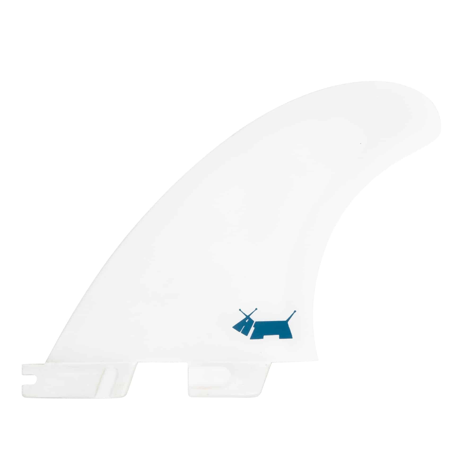 Shapers-Club- The Skindog - side byte (performance core) is a white surfboard fin adorned with a small blue dog motif. Made from performance core materials, this fin features a slightly curved shape and two slots at the base for easy attachment to your board. -surfshop-surfboard