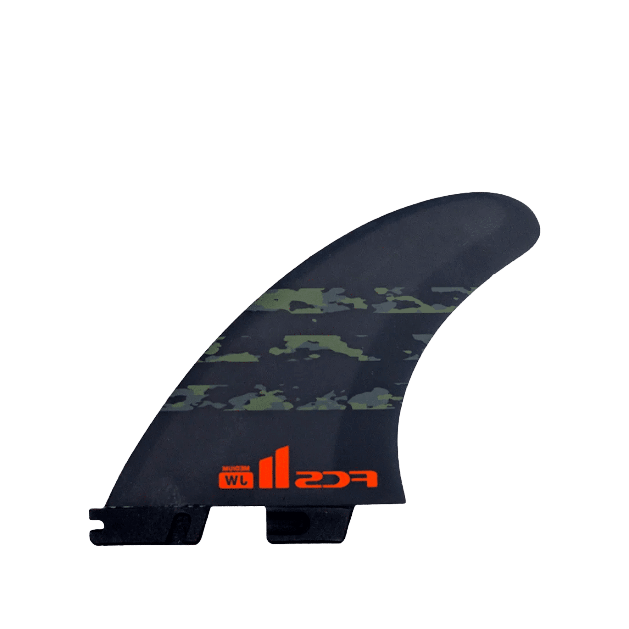 Shapers-Club- FCS surfboard fin image - Julian Wilson - Performance Core - Thruster in black, with camouflage pattern and red "FCS" logo. The fin has a slightly curved shape, a notched base for easy attachment and is designed for thruster configurations. Inspired by Julian Wilson, the background is plain white. -surfshop-surfboard