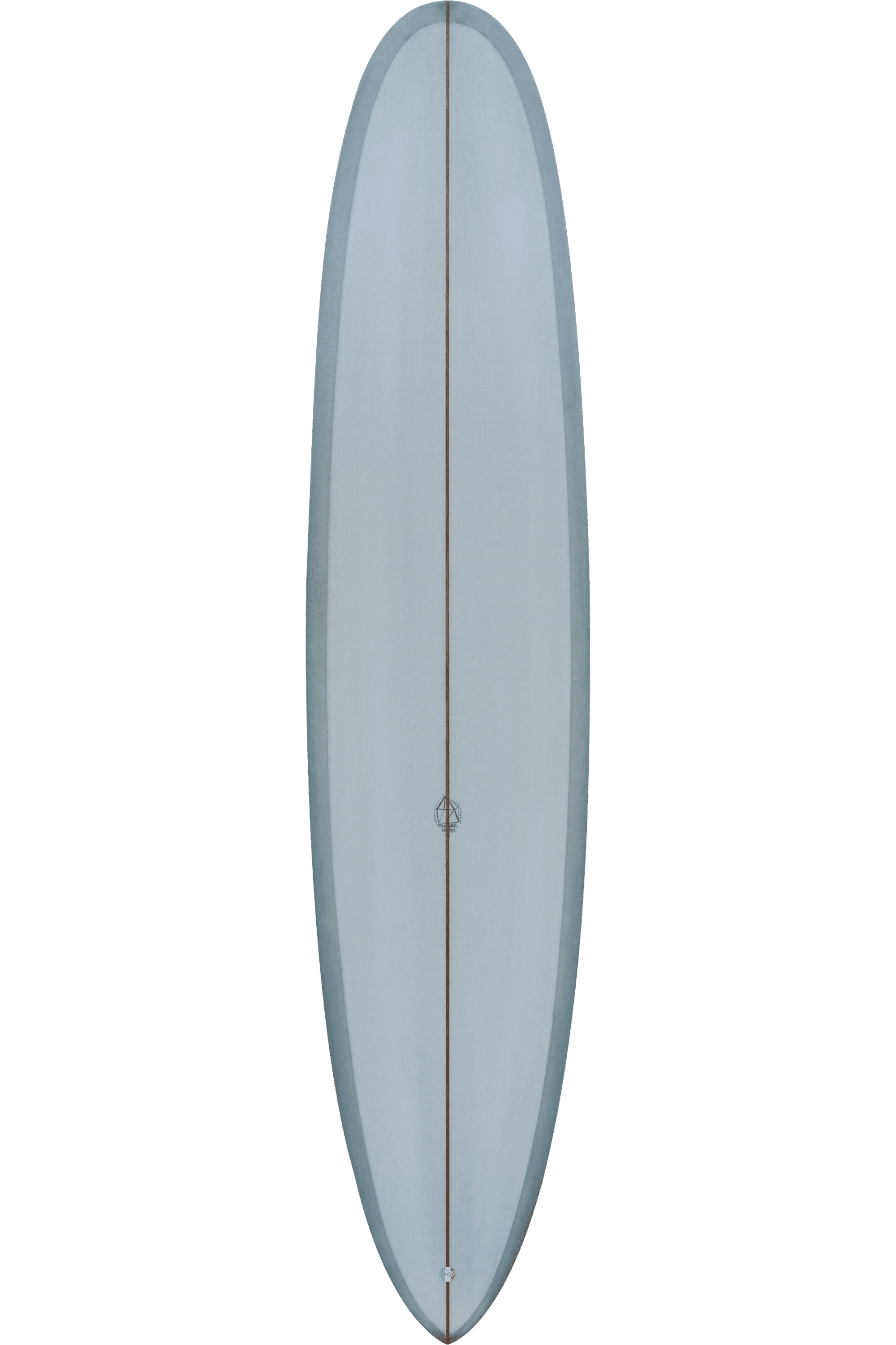 Shapers-Club- Aerial view of the Dead Kooks - Guerrero surfboard 9'6" x 23" x 3" in a minimalist light gray design. The elegant, elongated shape with rounded edges features a subtle line running down the center and a small Guerrero emblem in the middle. -surfshop-surfboard