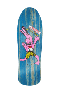 Shapers-Club- The reissued "Gordon & Smith - Deck Reissue Steve Claars - Blue" skateboard features a blue woodgrain finish, a whimsical pink cartoon bunny in a yellow and black outfit holding a newspaper, with "Steve Olson" elegantly inscribed above. -surfshop-surfboard