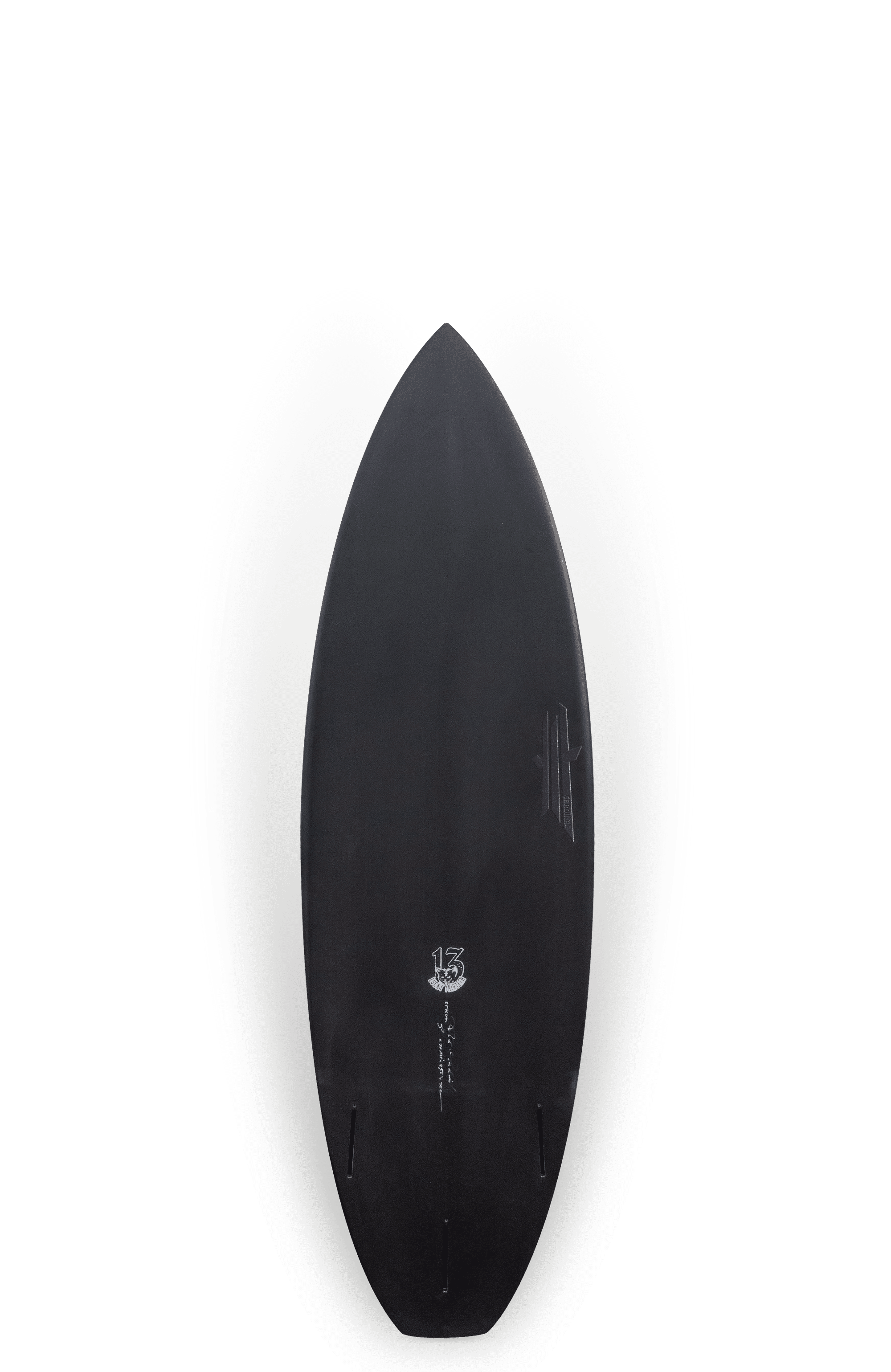 Shapers-Club- The Lucky 13 surfboard with its sleek, elegant design and minimalist graphics features two fin slots on a plain white background, offering optimal performance for wave enthusiasts. -surfshop-surfboard