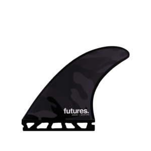 Shapers-Club- A unique black Futures surfboard fin with a camouflage pattern and a small transparent base. The word "futures" is printed in white at the bottom, with "JORDY LARGE" below, indicating its inclusion in the Jordy Signature Thruster set. -surfshop-surfboard