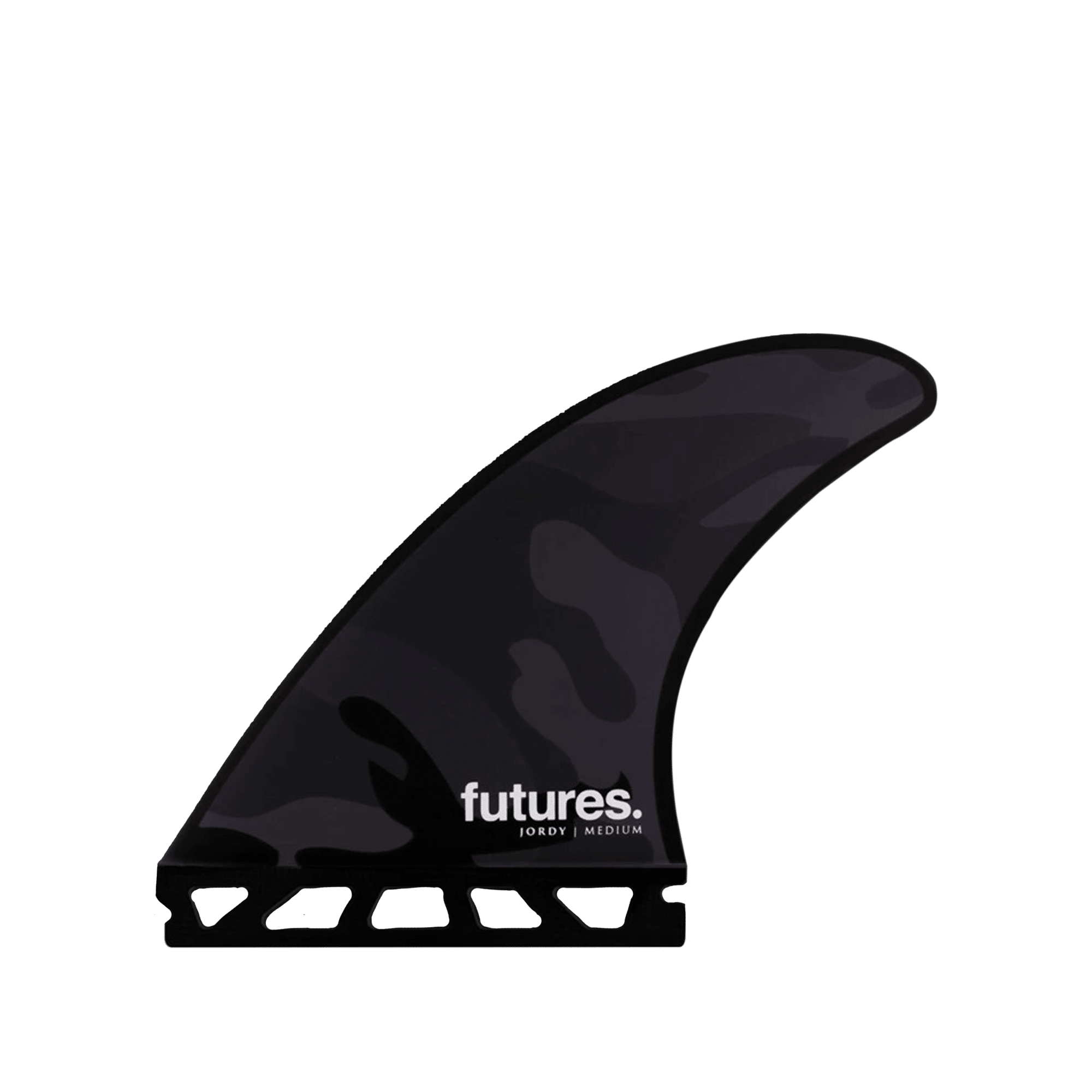 Shapers-Club- A unique black Futures surfboard fin with a camouflage pattern and a small transparent base. The word "futures" is printed in white at the bottom, with "JORDY LARGE" below, indicating its inclusion in the Jordy Signature Thruster set. -surfshop-surfboard
