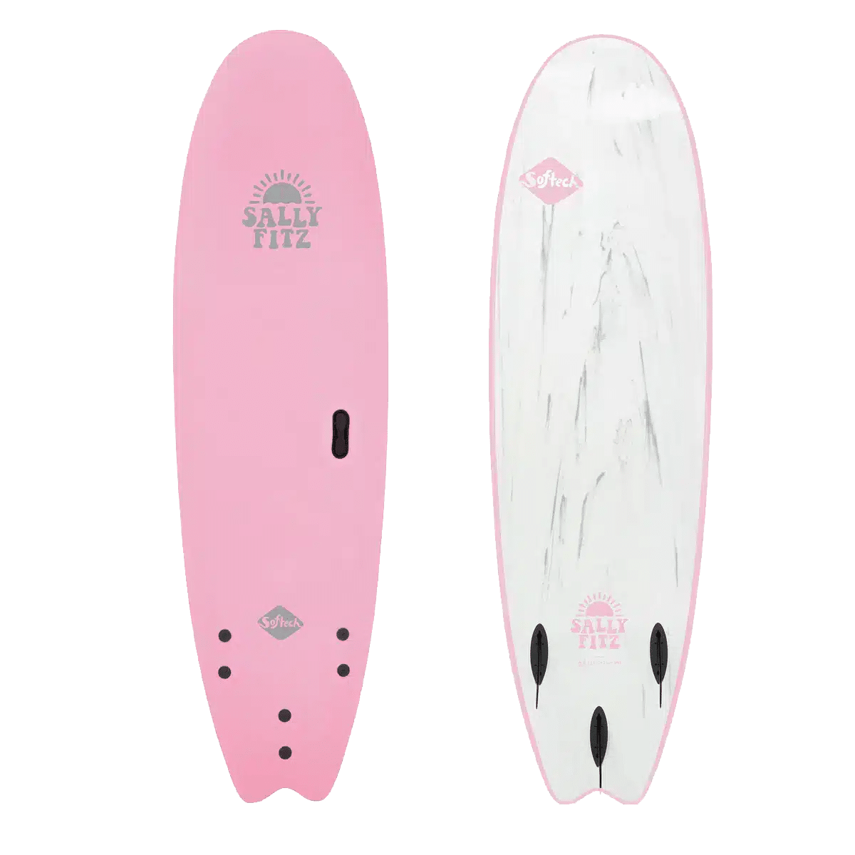 Shapers-Club- Two soft-top surfboards are shown side by side. The board on the left is the SOFTECH - Hand shaped Sally Fitzgibbons FB 7'0 Pink, with a swallowtail shape and gray and black logos. The SOFTECH board on the right has a white deck adorned with a light marbled texture, similar logos and three black fins. Both boards feature the "Sally Fitz" branding. -surfshop-surfboard